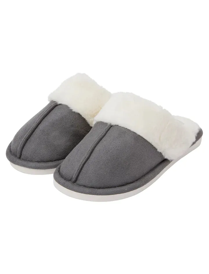 Tokyo Laundry Womens Rio Faux Suede Mule Slippers With Faux Fur Lining & Trim In Grey