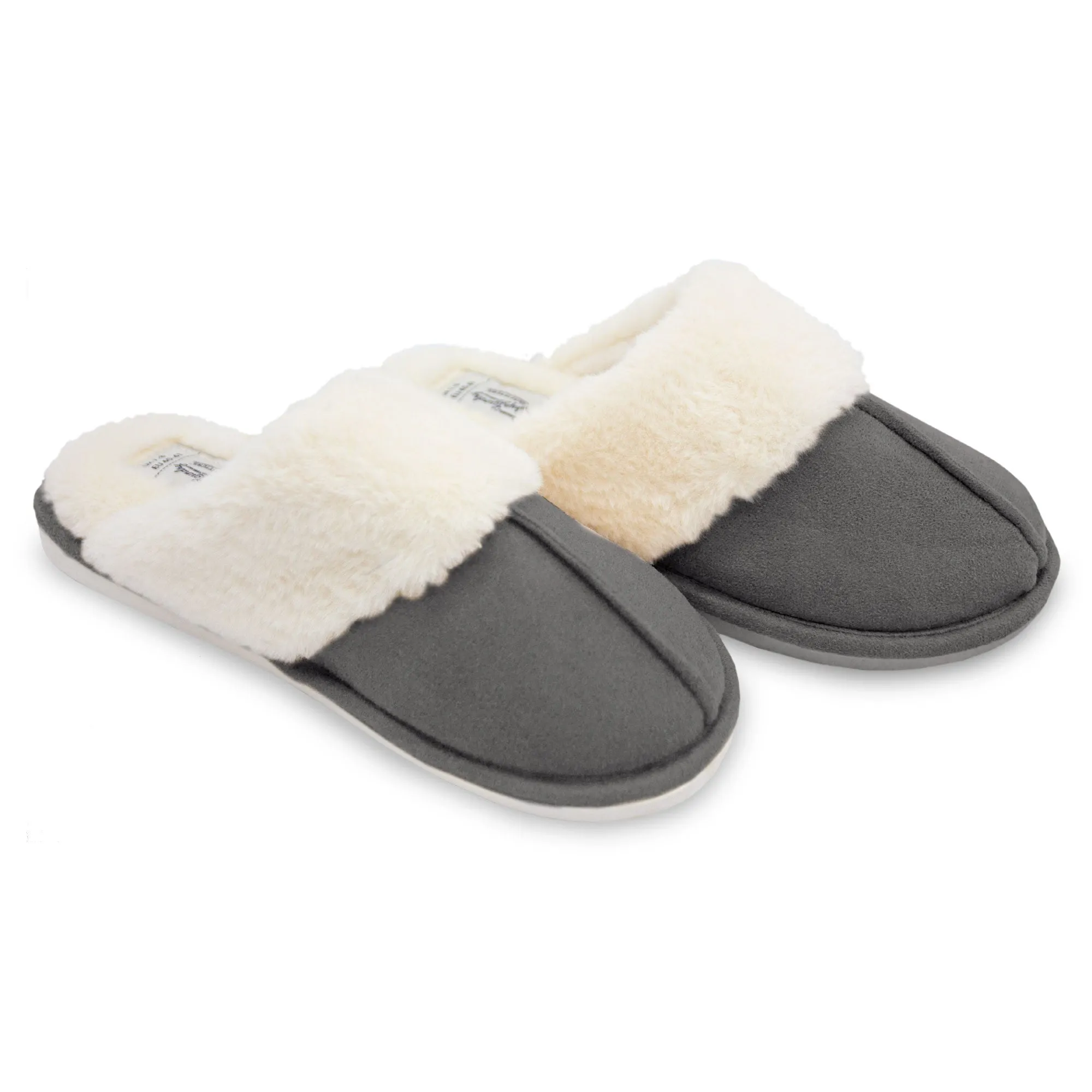 Tokyo Laundry Womens Rio Faux Suede Mule Slippers With Faux Fur Lining & Trim In Grey