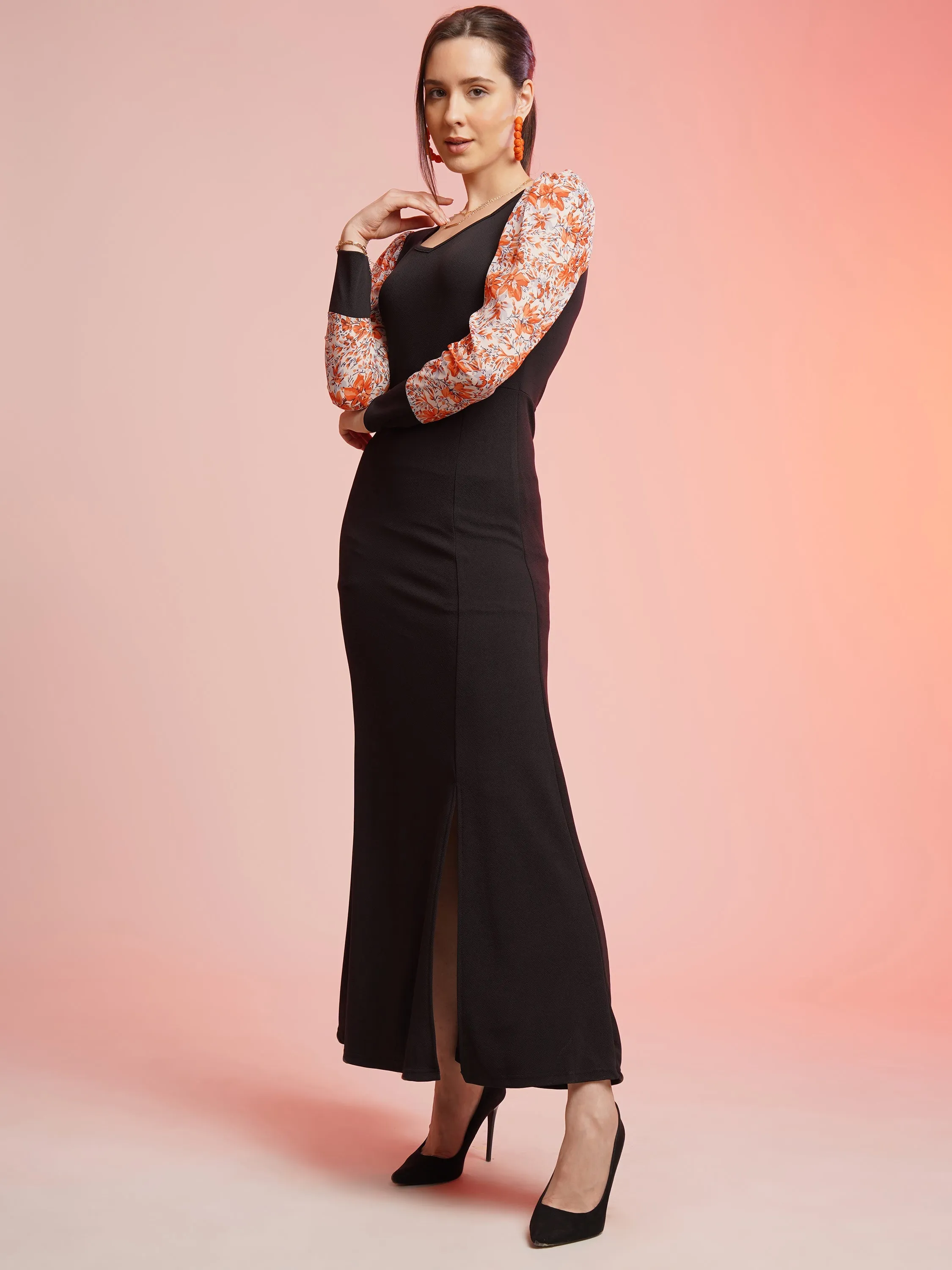 Trendset Printed Sleeve Bodycon Maxi Dress