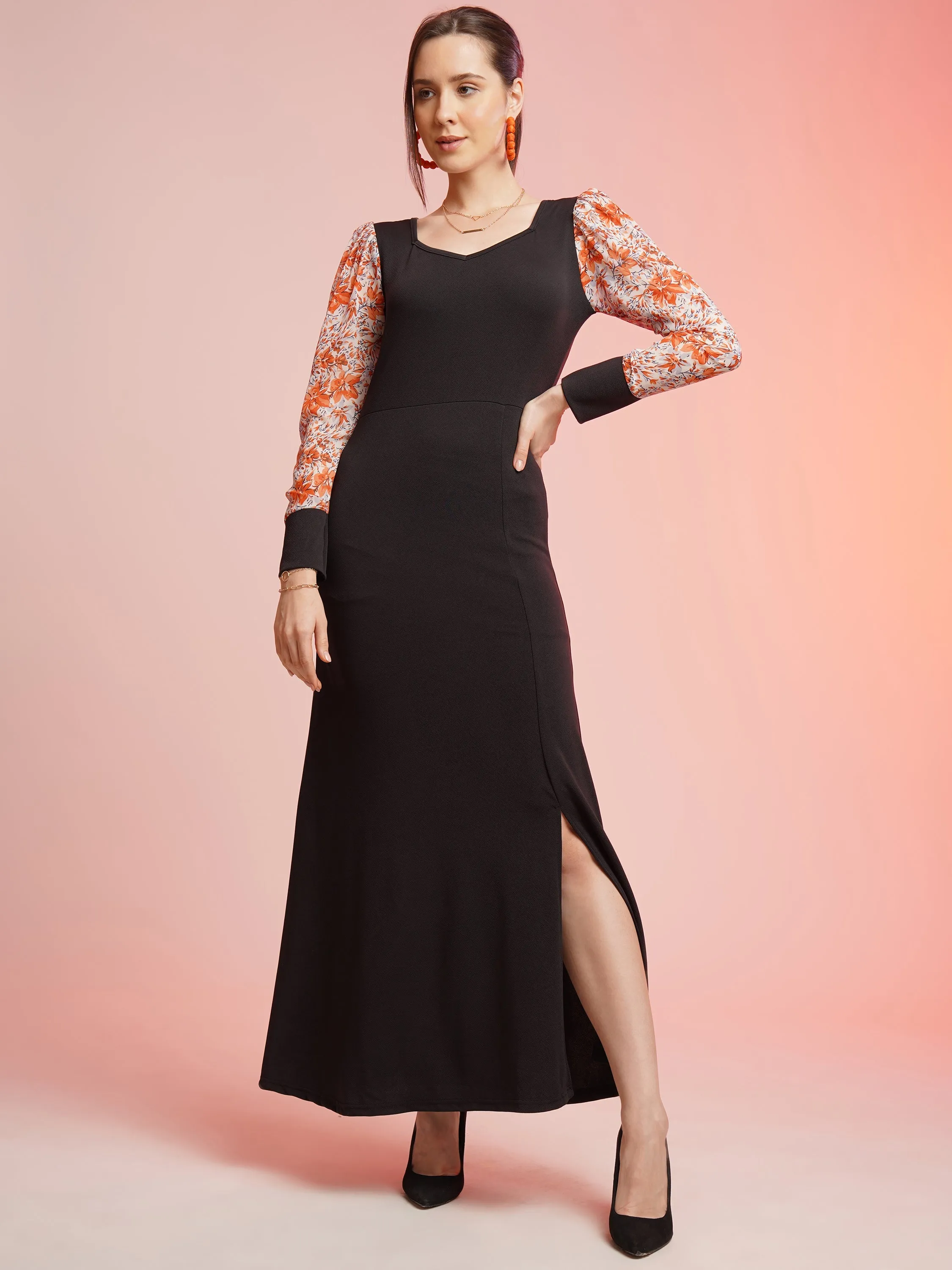 Trendset Printed Sleeve Bodycon Maxi Dress