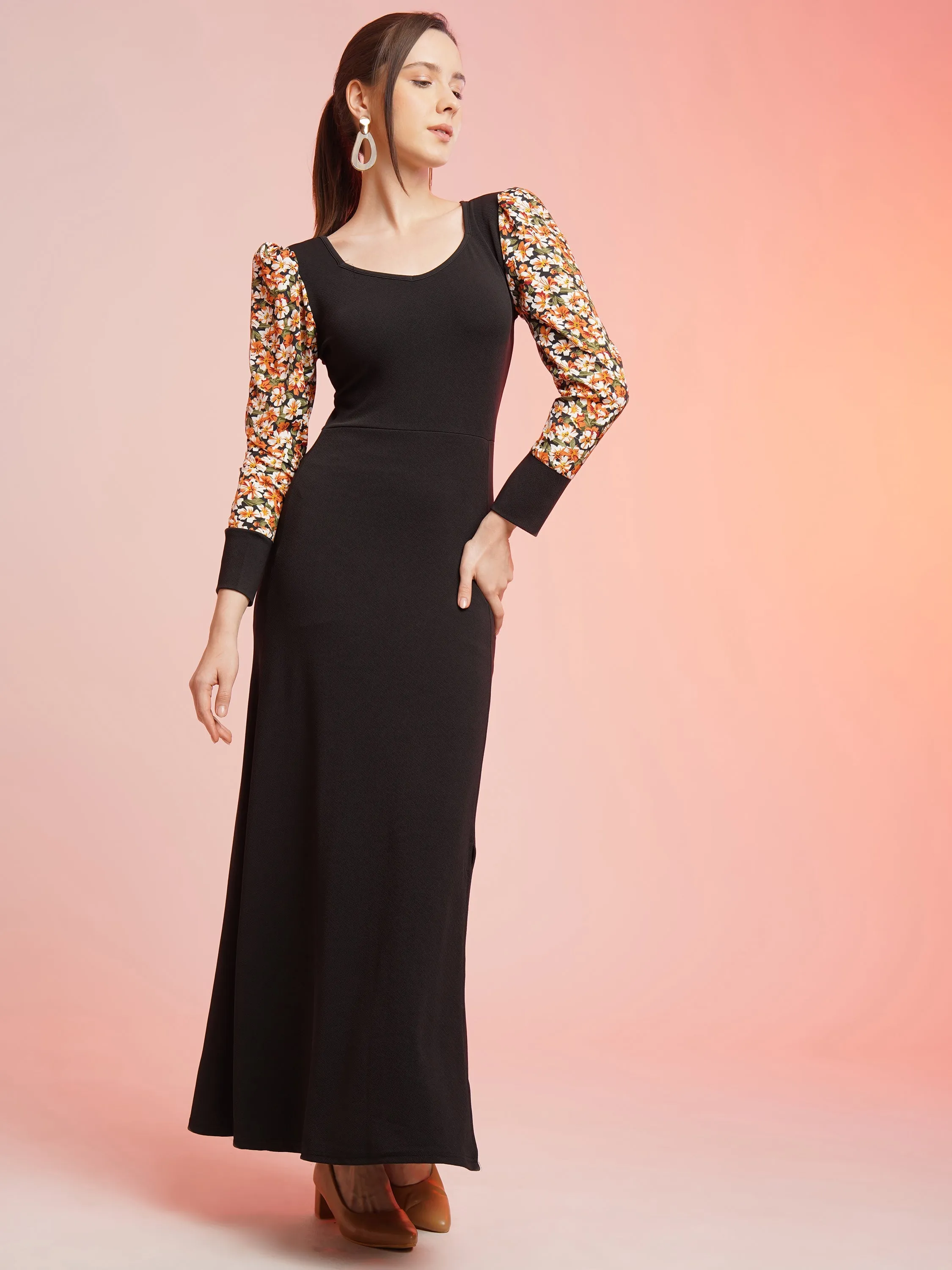 Trendset Printed Sleeve Bodycon Maxi Dress