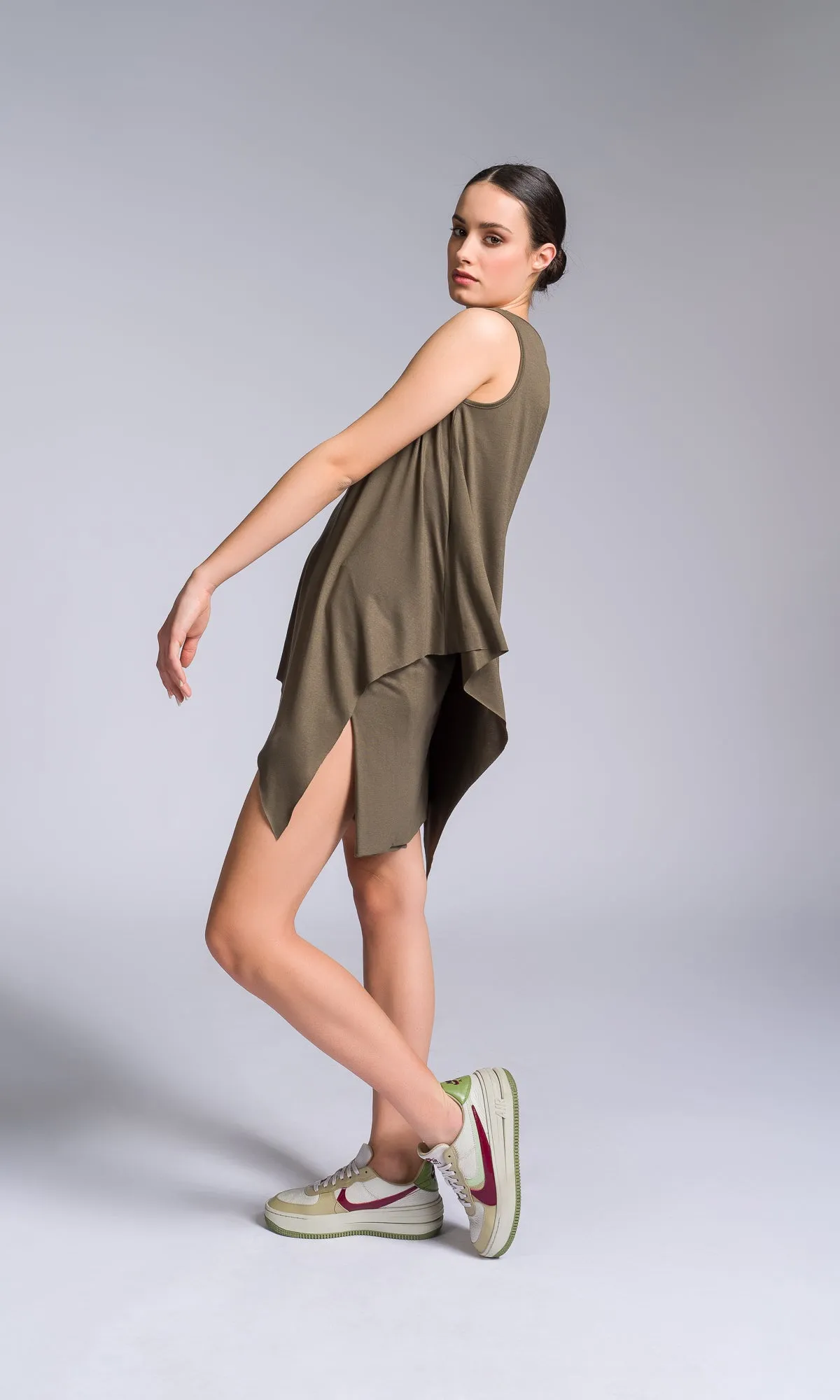 Two-piece Set of Asymmetric Tank Top and Shorts with Skirt Overlay