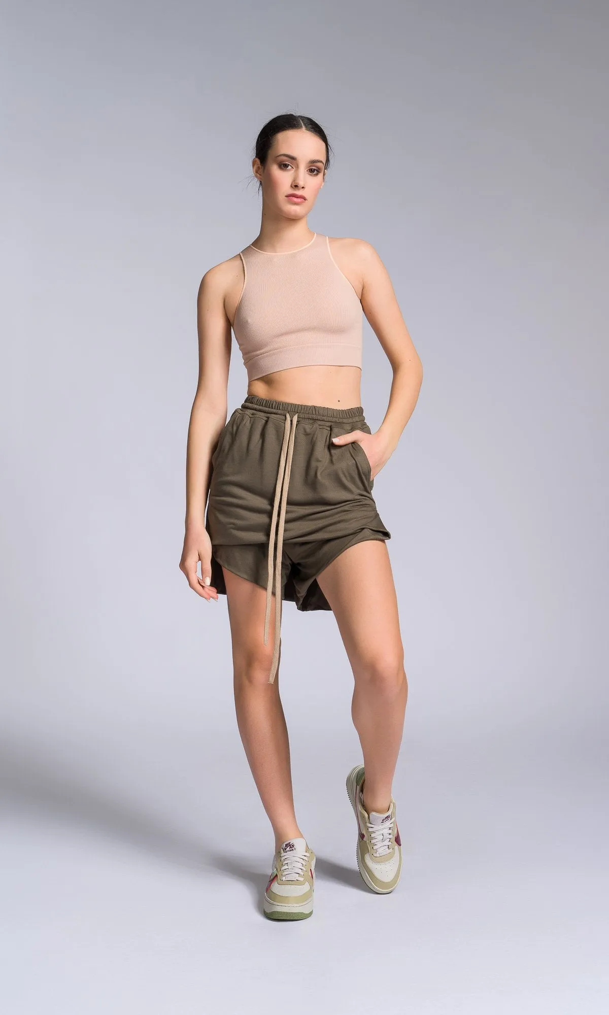 Two-piece Set of Asymmetric Tank Top and Shorts with Skirt Overlay