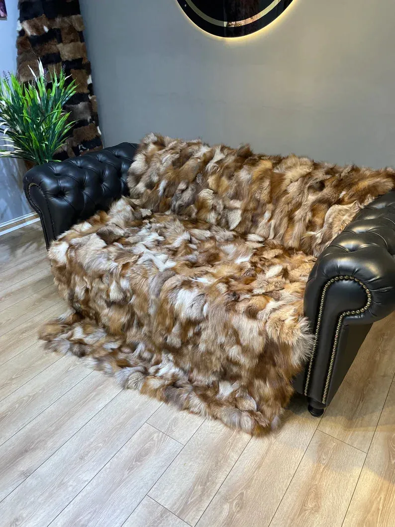 Unique Colour 100% Natural Fox Fux Blanket, Luxury Handmade Fox Bed Cover