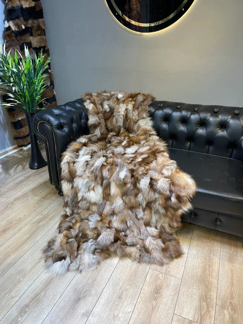 Unique Colour 100% Natural Fox Fux Blanket, Luxury Handmade Fox Bed Cover