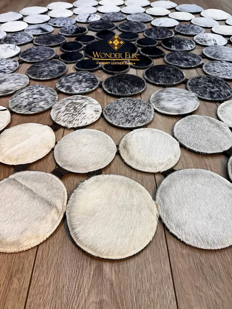 Unique Design Tricolor Natural Cowhide Round Rug, Elegance Handmade Cow Skin Carpet