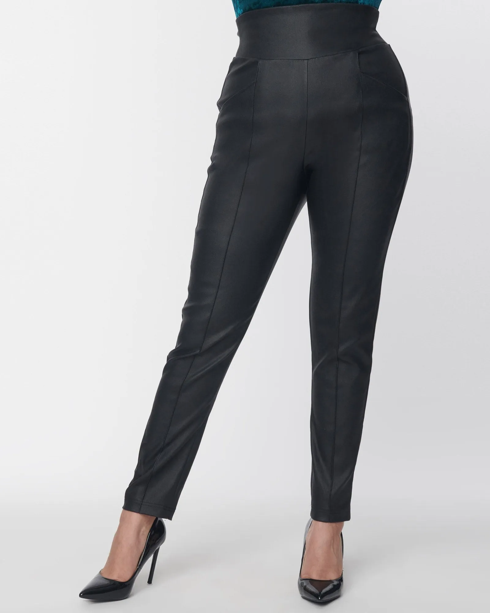 Unique Vintage Black Leatherette High Waist Pintuck Pants | Black