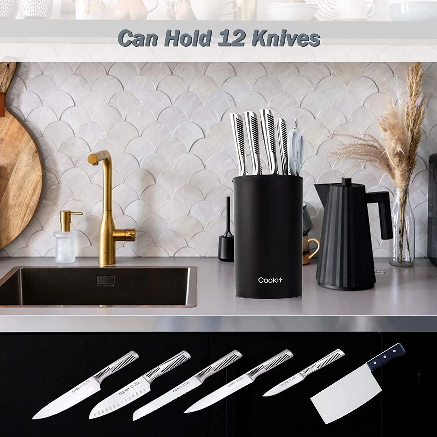 Universal Knife Block Unique Double-Layer Wavy Design, Round Black Knife Holder for Kitchen