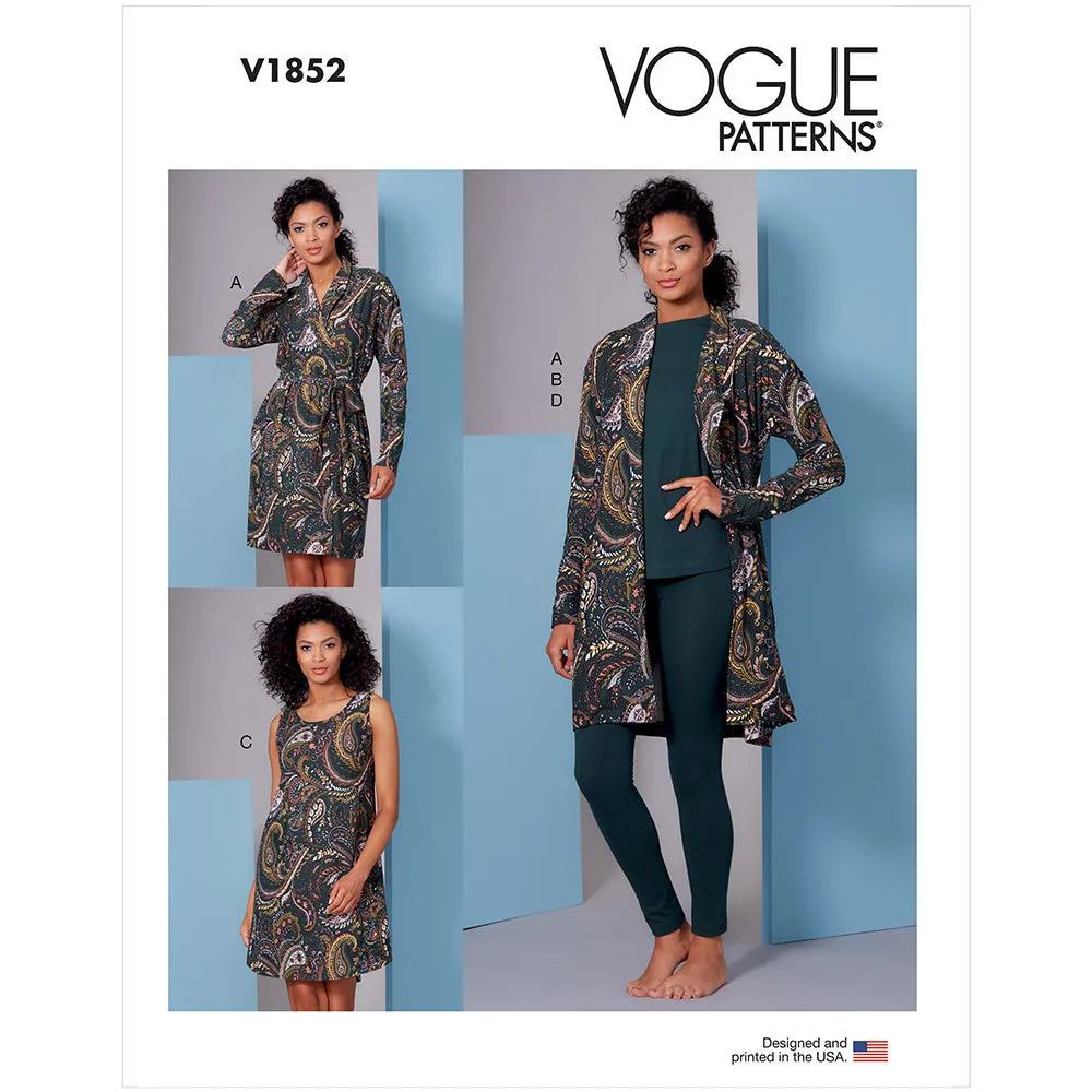 V1852 Misses' and Misses' Petite Wrap Robe, Belt, Top, Dress and Pants (XS-S- M-L-XL)