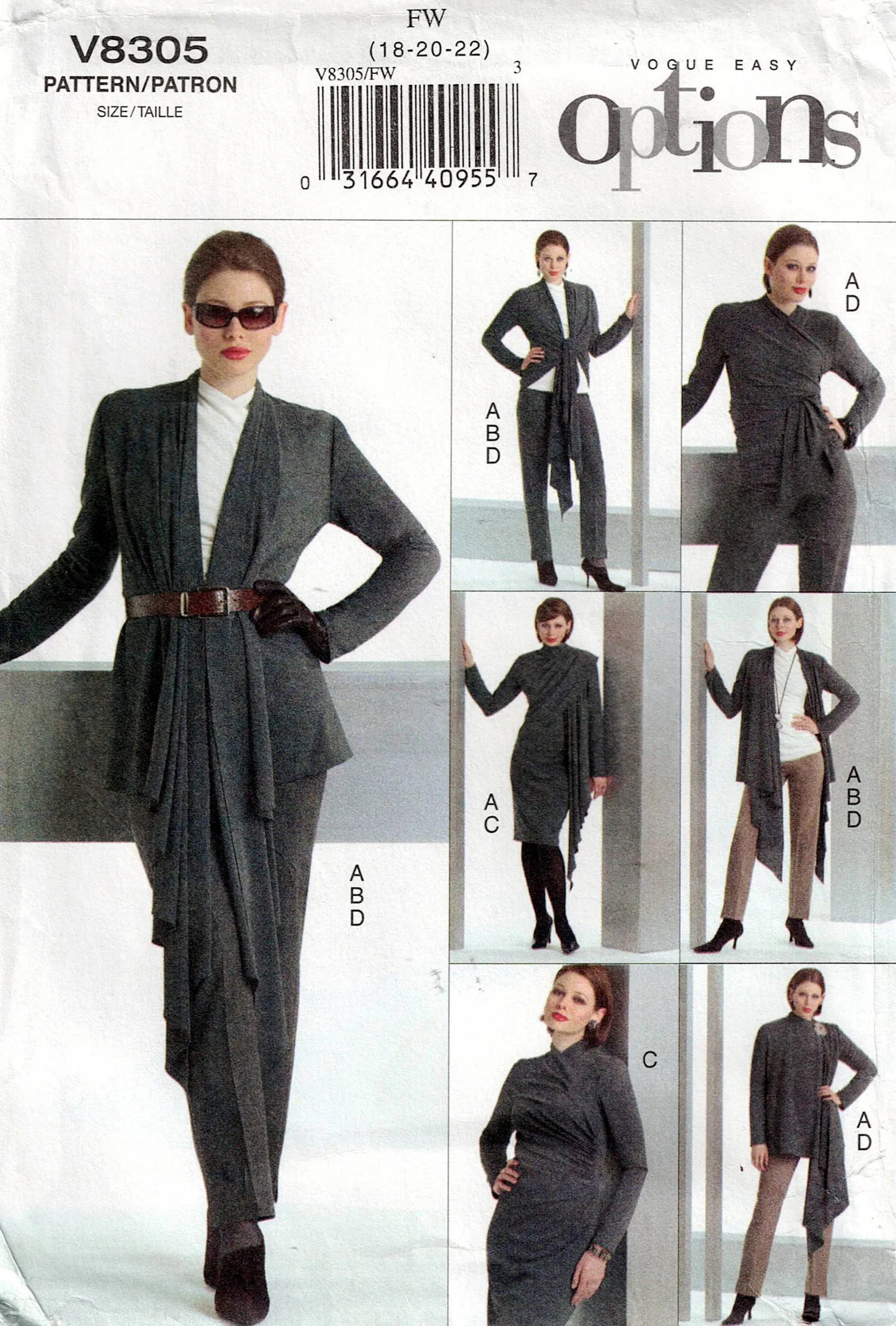 Vogue Easy Options 8305 Womens Stretch Knit Side Gathered Dress Jacket Top & Pants Out Of Print Sewing Pattern Size 18 - 22 UNCUT Factory Folded