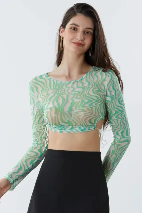 Wave Print Drawstring Tie Side Crop Tee