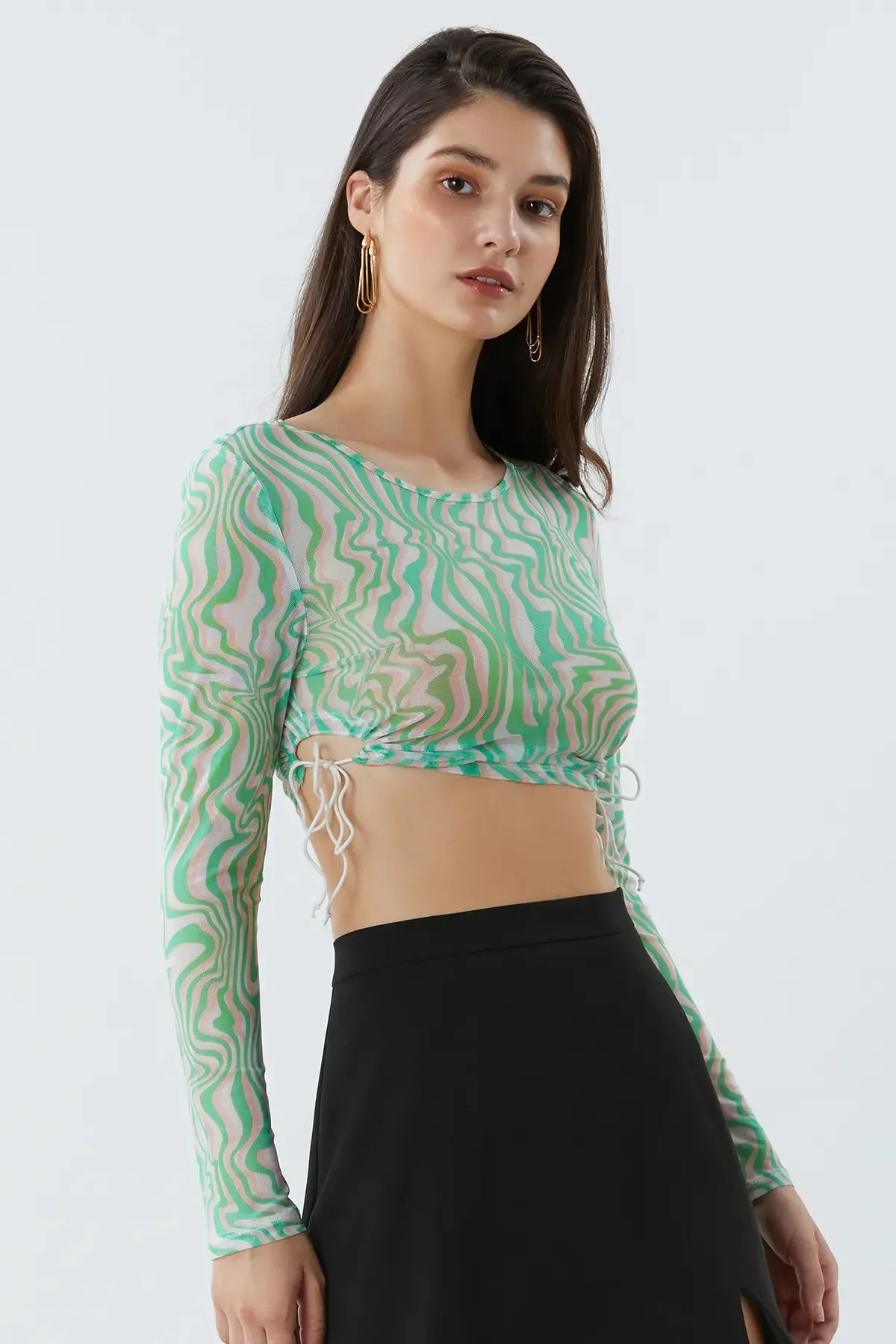 Wave Print Drawstring Tie Side Crop Tee