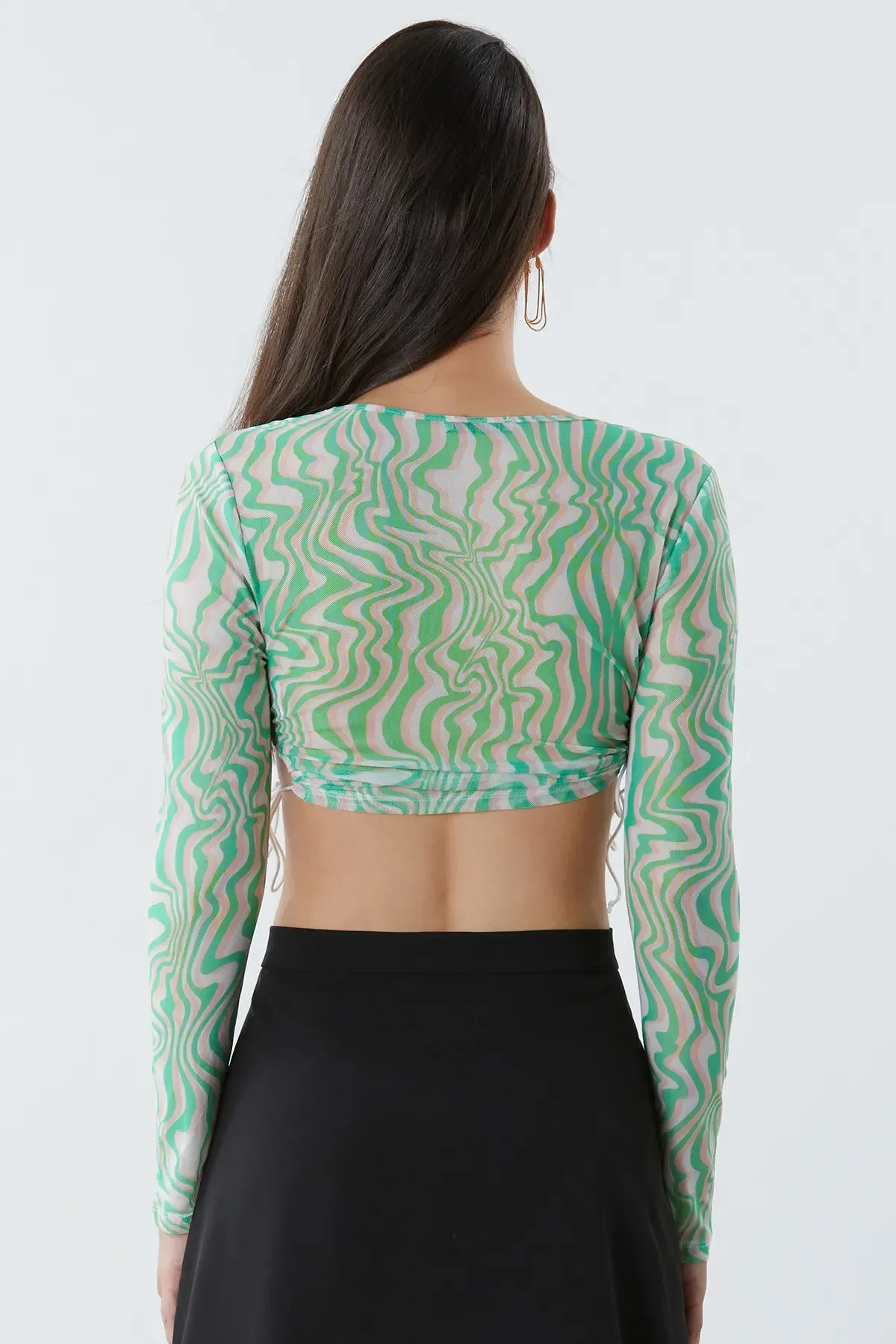 Wave Print Drawstring Tie Side Crop Tee