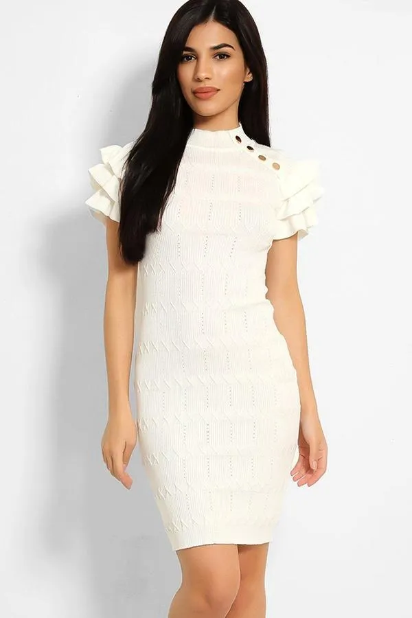 WHITE HIGH NECK FRILL & BUTTON DETAIL KNIT BODYCON DRESS