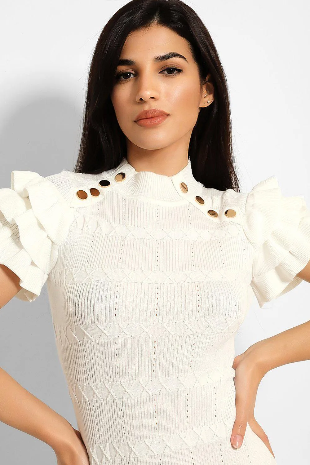 WHITE HIGH NECK FRILL & BUTTON DETAIL KNIT BODYCON DRESS