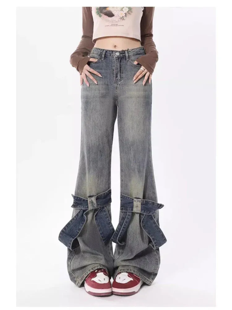 Women Denim Y2k Loose Bow Straight High Waist Pants Streetwear Wide Leg Pants