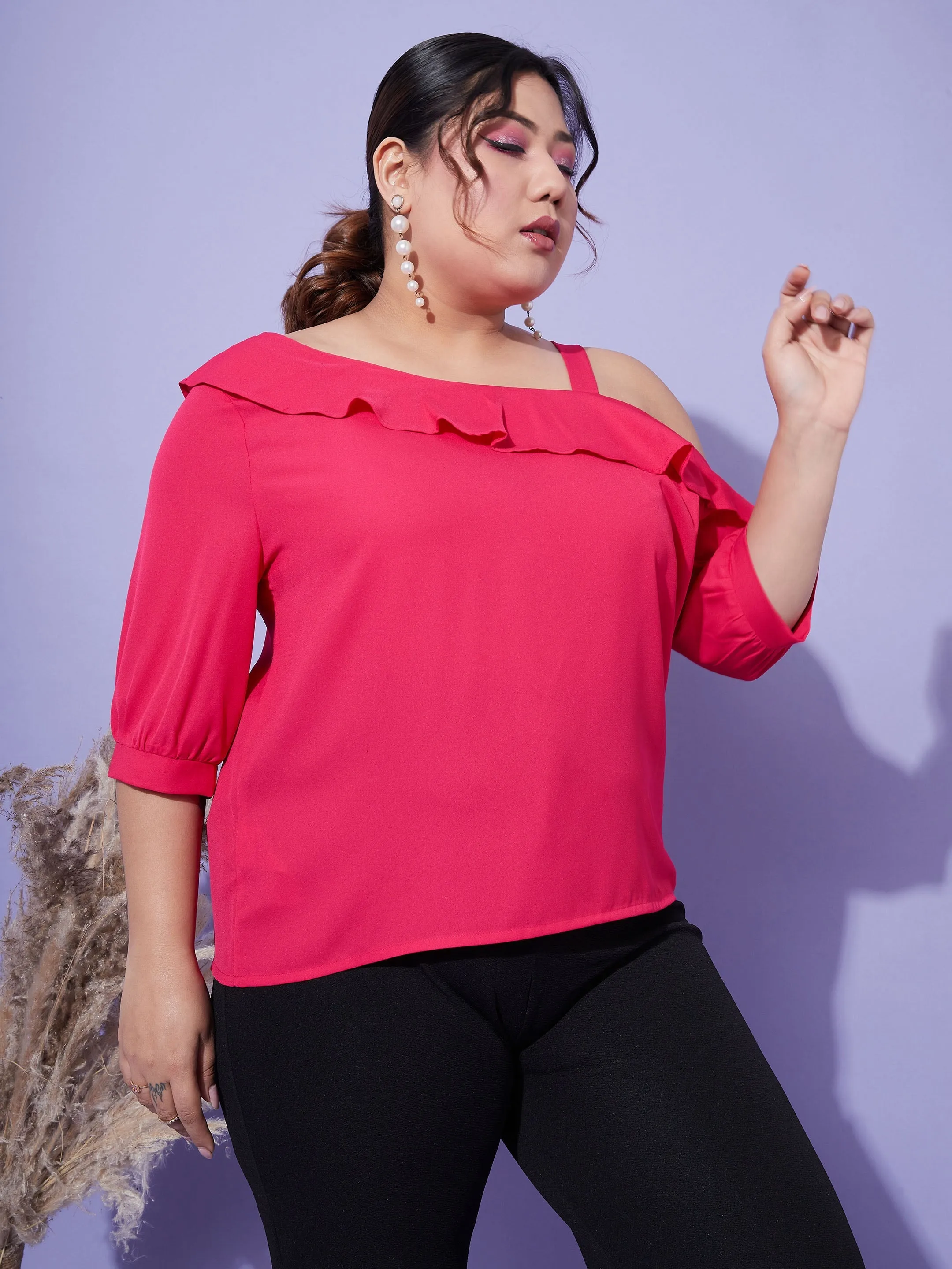 Women Magenta One Shoulder Ruffle Top