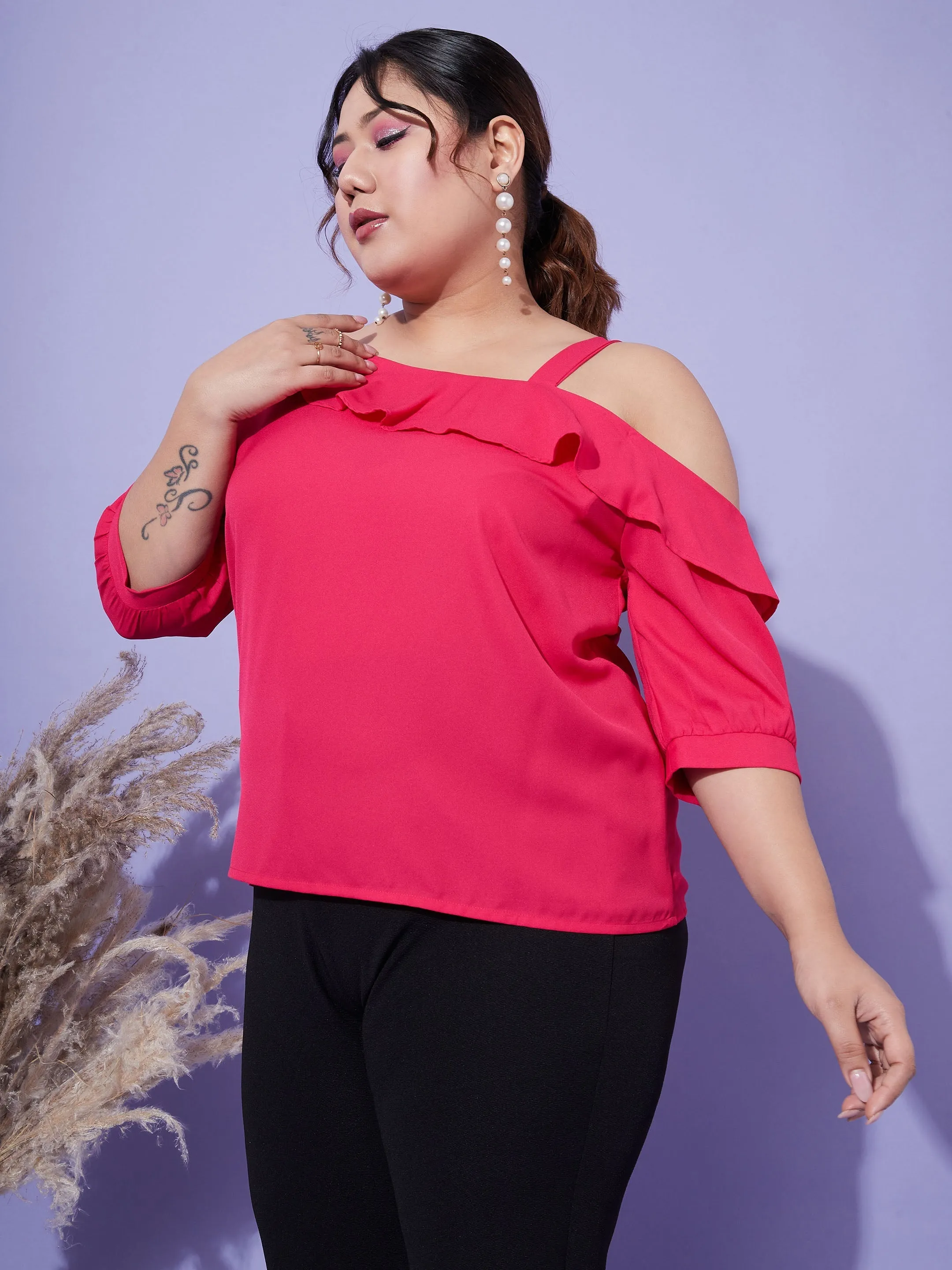 Women Magenta One Shoulder Ruffle Top