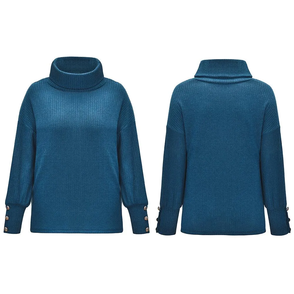 Women Plus Size Rivet Long Sleeve Plain Turtle Sweater