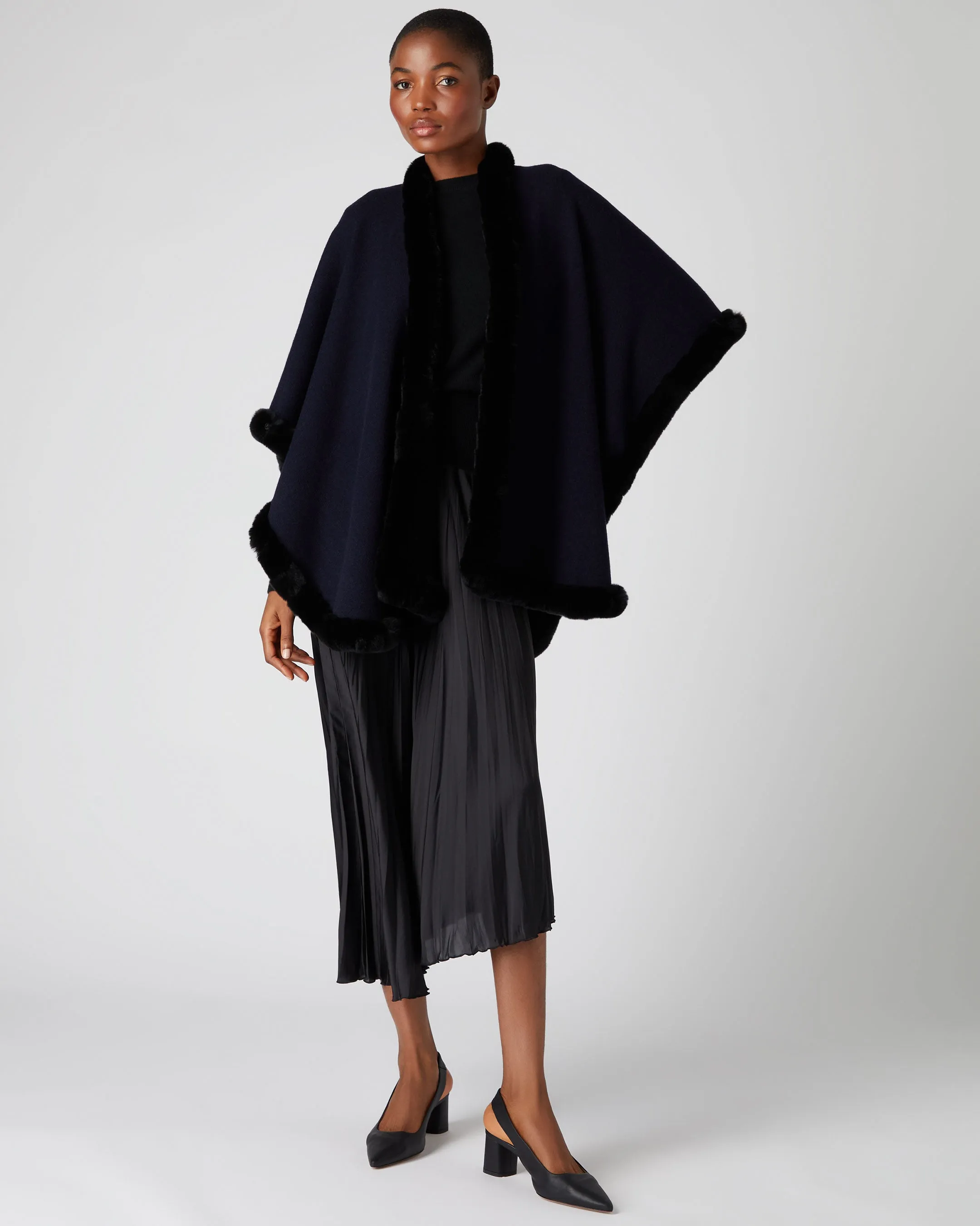 Women's Ayla Fur Trim Cashmere Cape Navy Blue