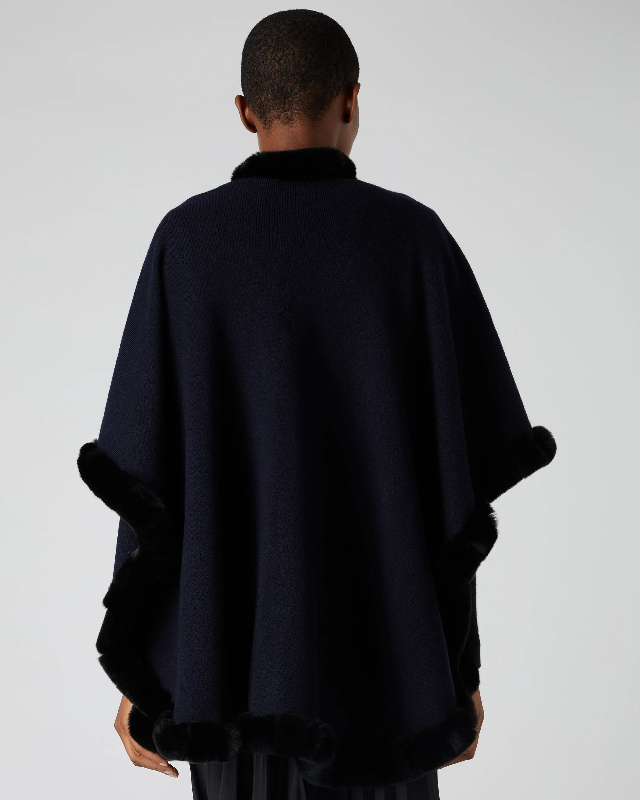 Women's Ayla Fur Trim Cashmere Cape Navy Blue