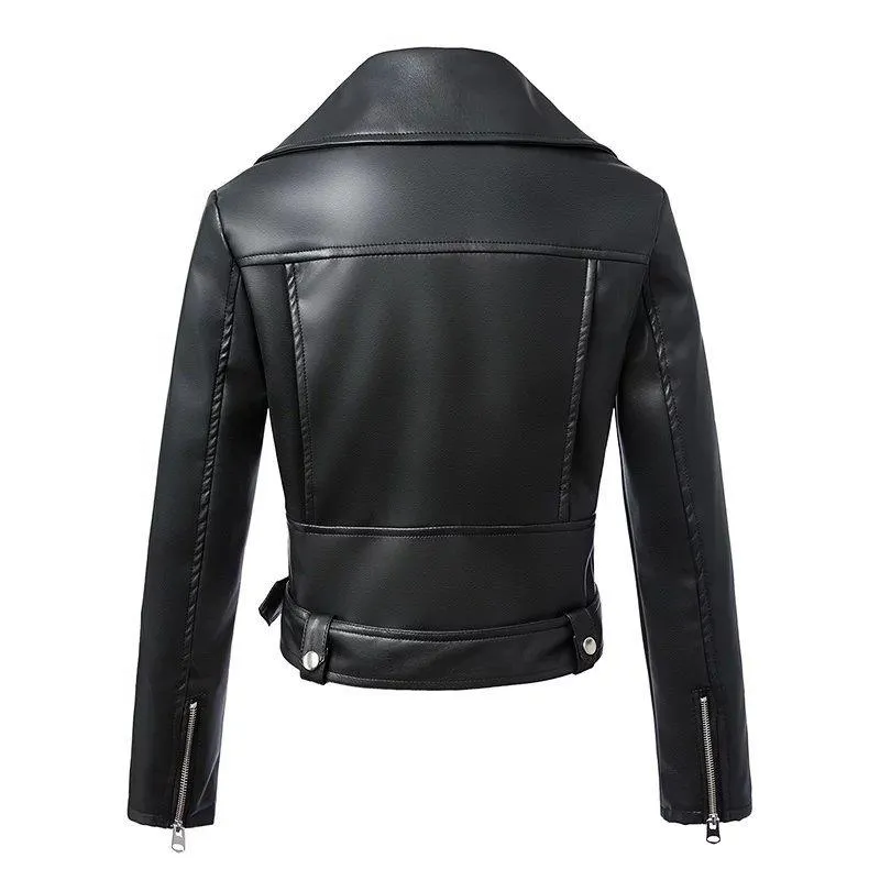 Women's black biker jacket coat turn down collar short jacket with belt