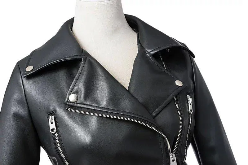 Women's black biker jacket coat turn down collar short jacket with belt