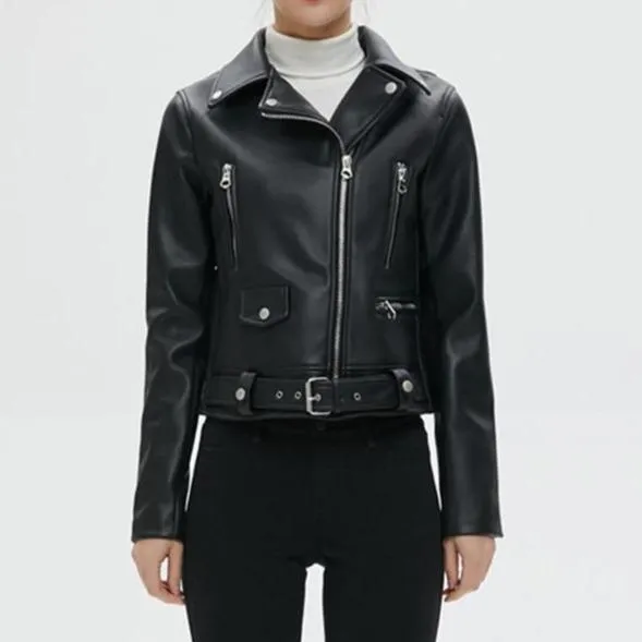 Women's black biker jacket coat turn down collar short jacket with belt