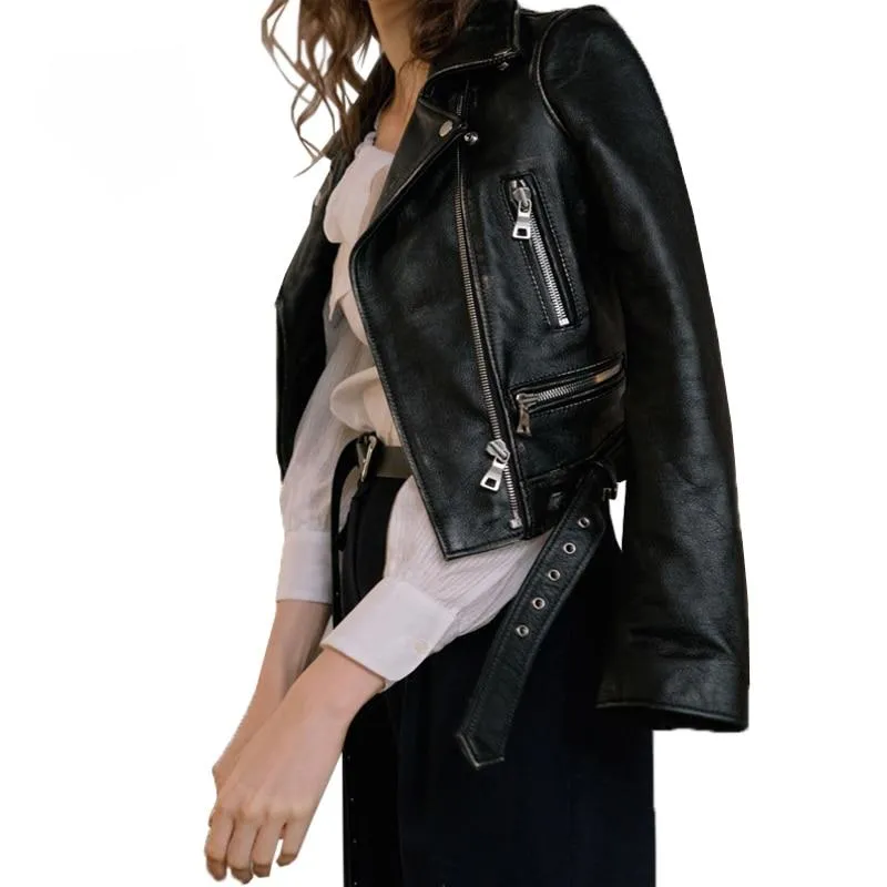 Women's black biker jacket coat turn down collar short jacket with belt