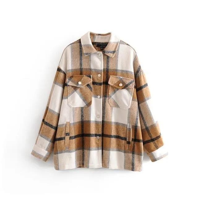 Women's chic plaid oversized jacket coat lapel collar long sleeve tops