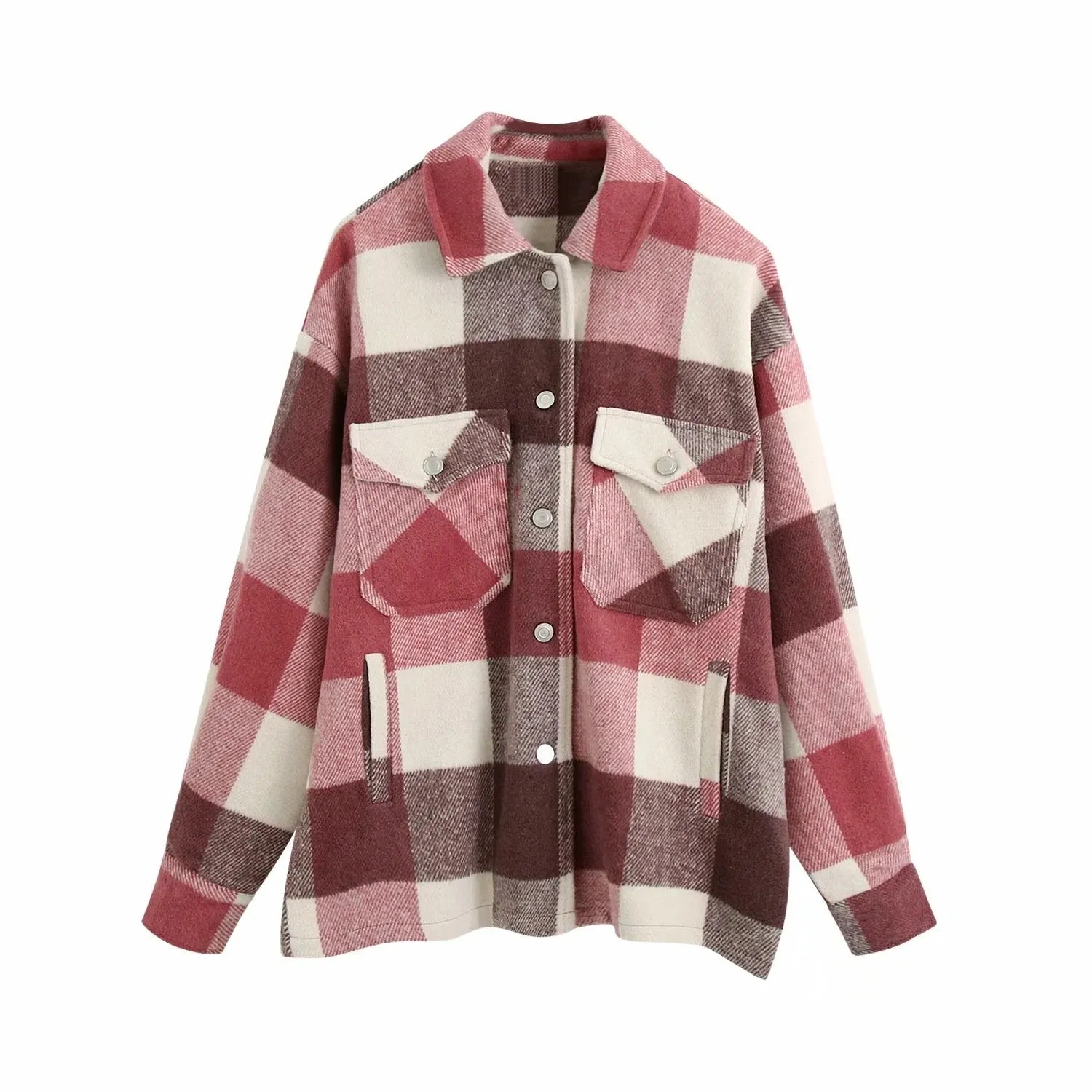 Women's chic plaid oversized jacket coat lapel collar long sleeve tops