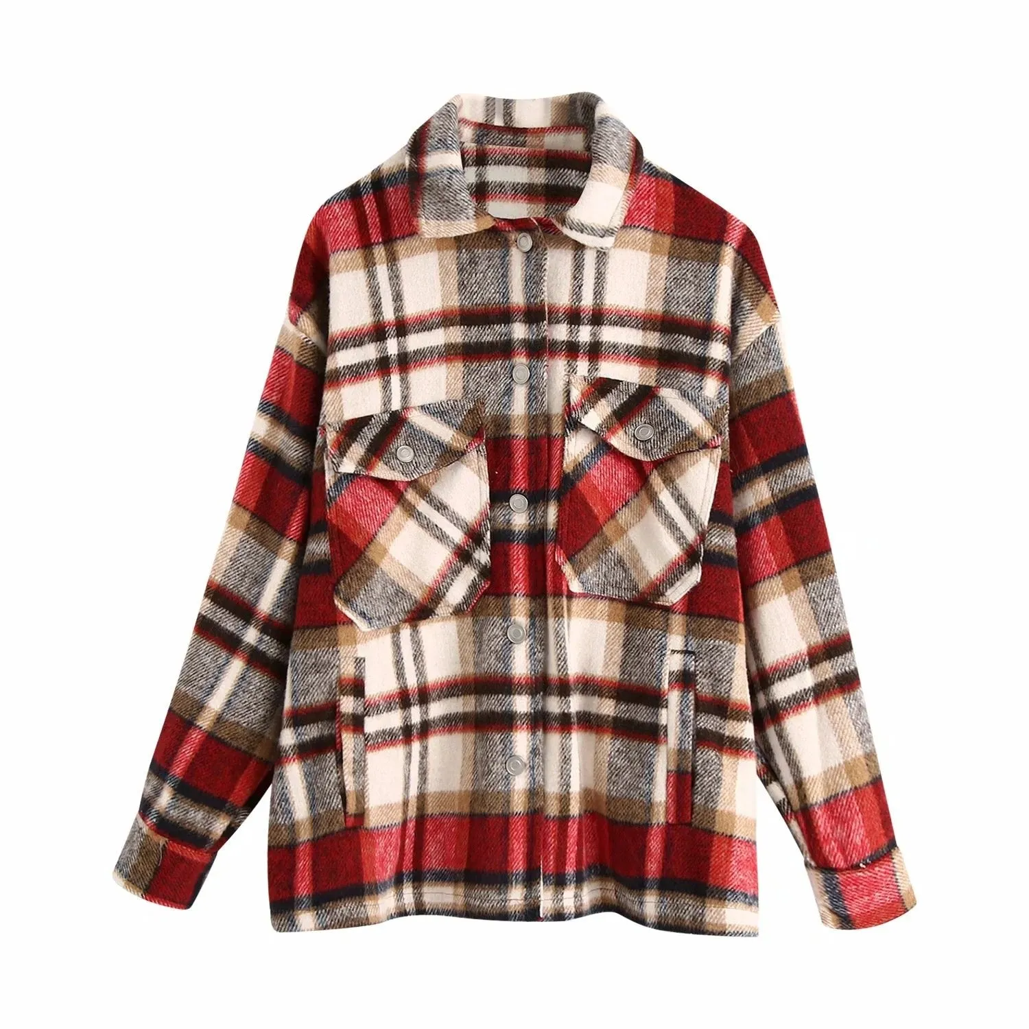 Women's chic plaid oversized jacket coat lapel collar long sleeve tops