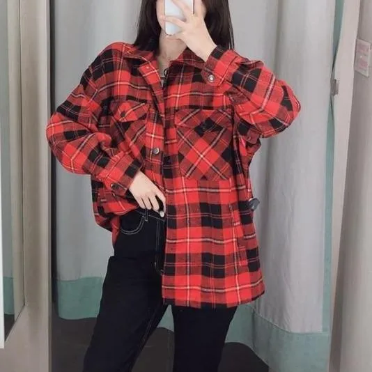 Women's chic plaid oversized jacket coat lapel collar long sleeve tops