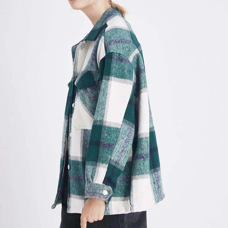 Women's chic plaid oversized jacket coat lapel collar long sleeve tops