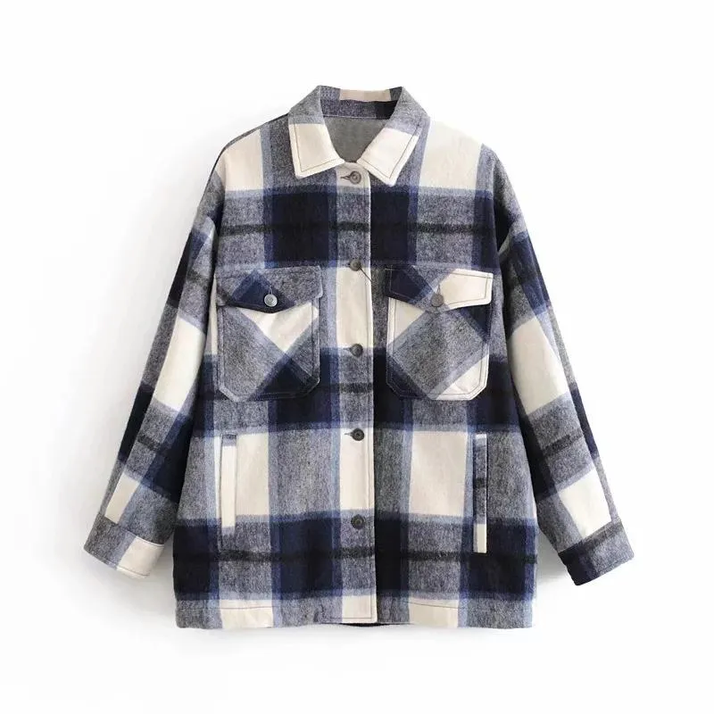 Women's chic plaid oversized jacket coat lapel collar long sleeve tops