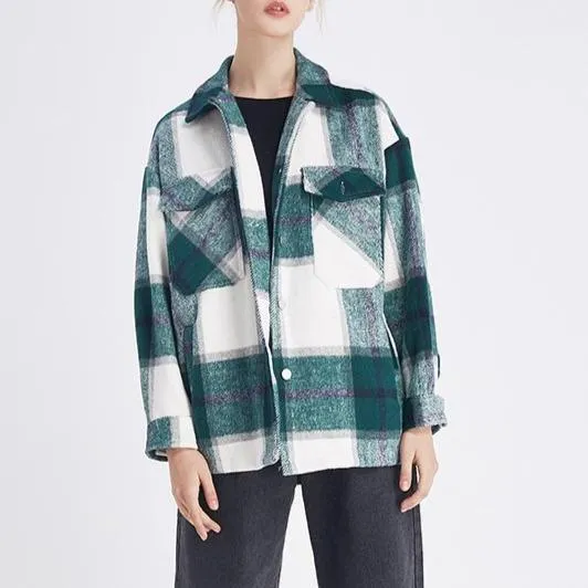 Women's chic plaid oversized jacket coat lapel collar long sleeve tops