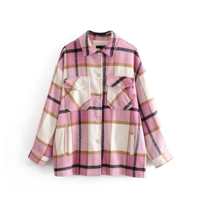 Women's chic plaid oversized jacket coat lapel collar long sleeve tops