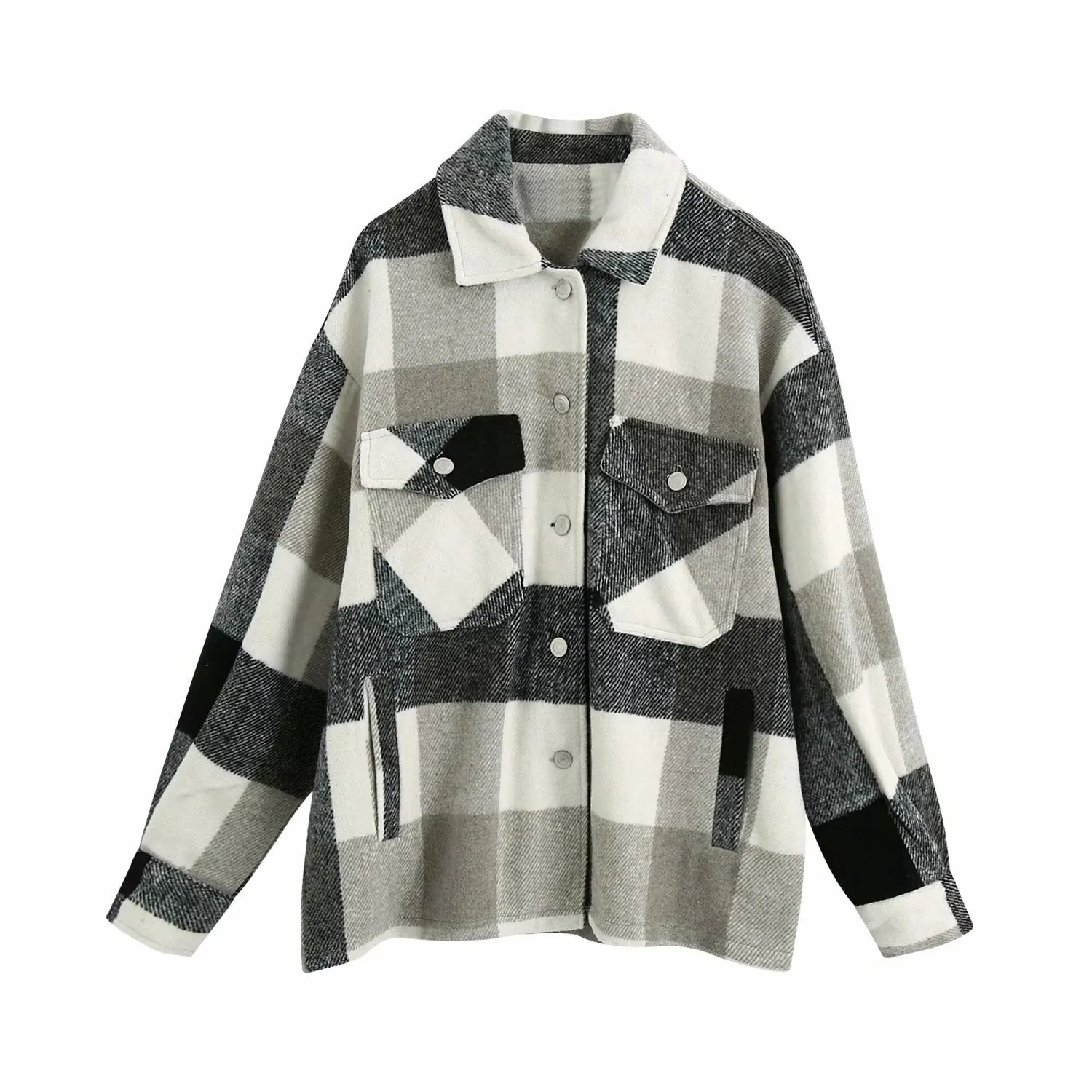 Women's chic plaid oversized jacket coat lapel collar long sleeve tops