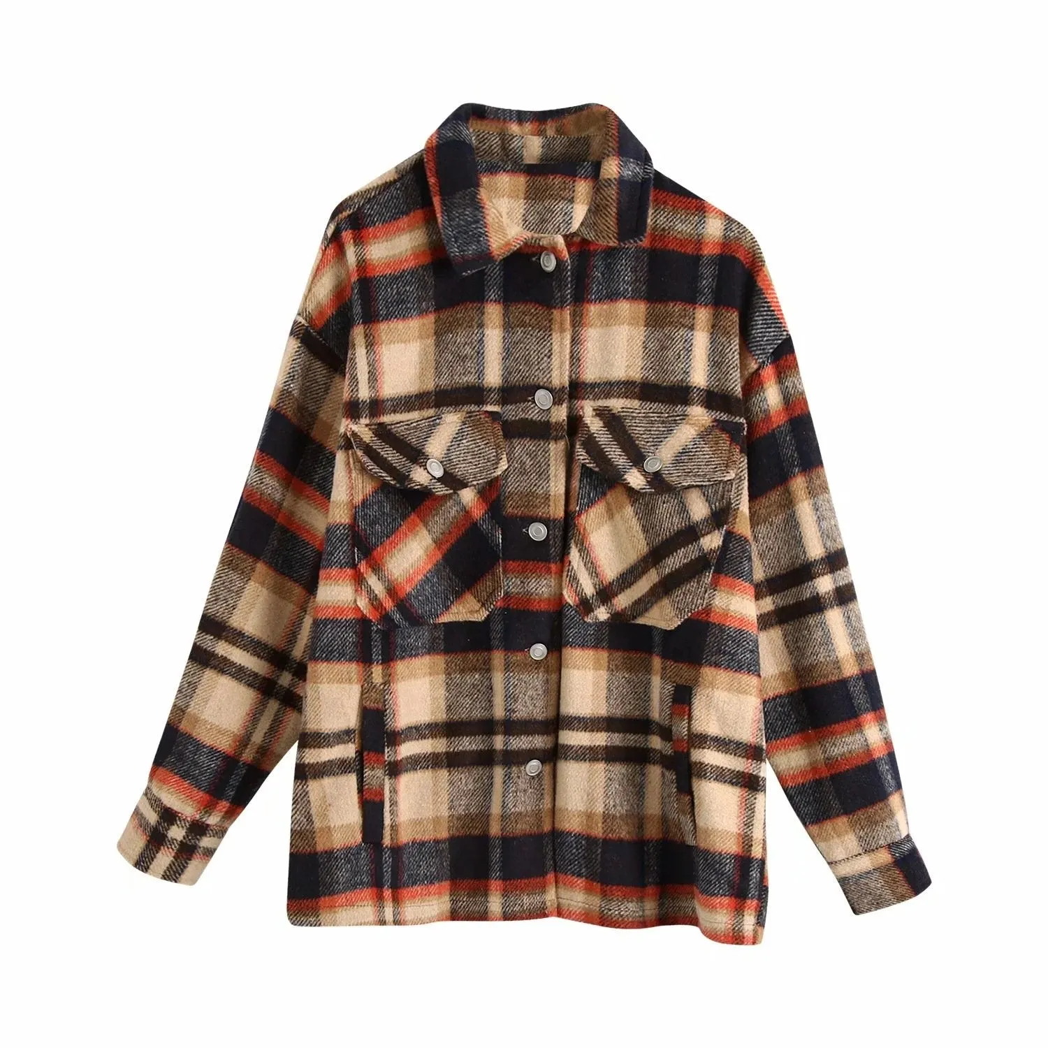 Women's chic plaid oversized jacket coat lapel collar long sleeve tops