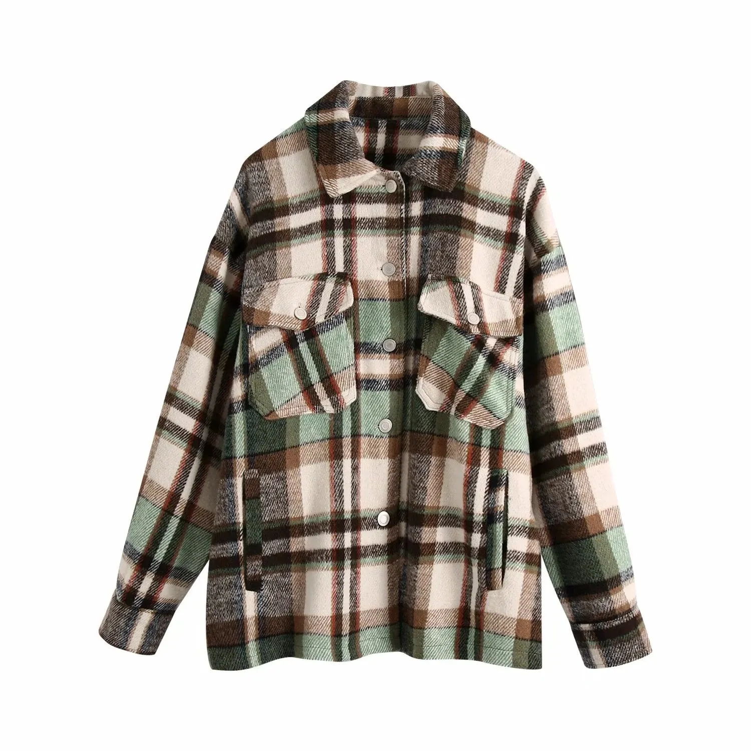 Women's chic plaid oversized jacket coat lapel collar long sleeve tops