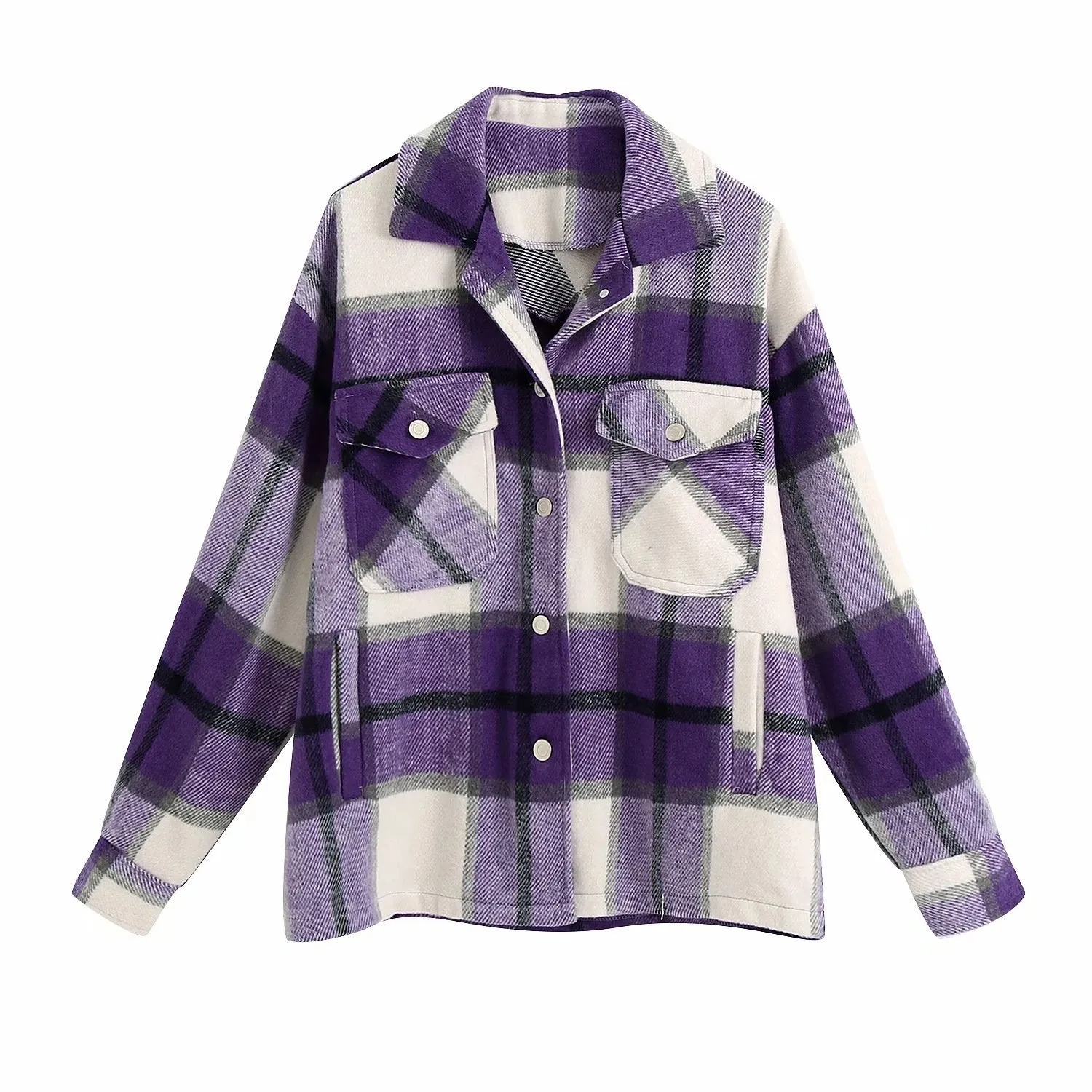 Women's chic plaid oversized jacket coat lapel collar long sleeve tops