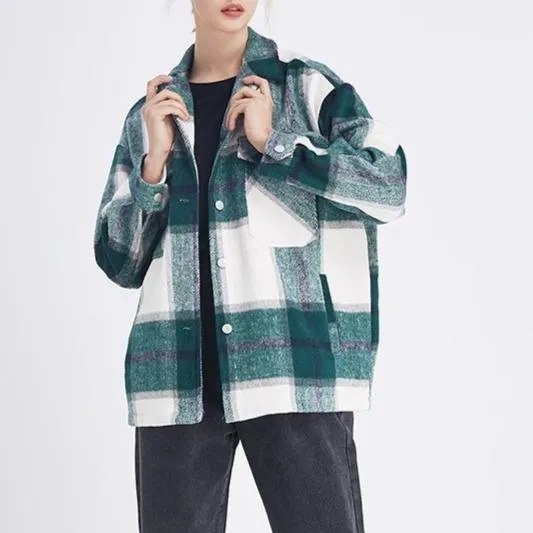 Women's chic plaid oversized jacket coat lapel collar long sleeve tops