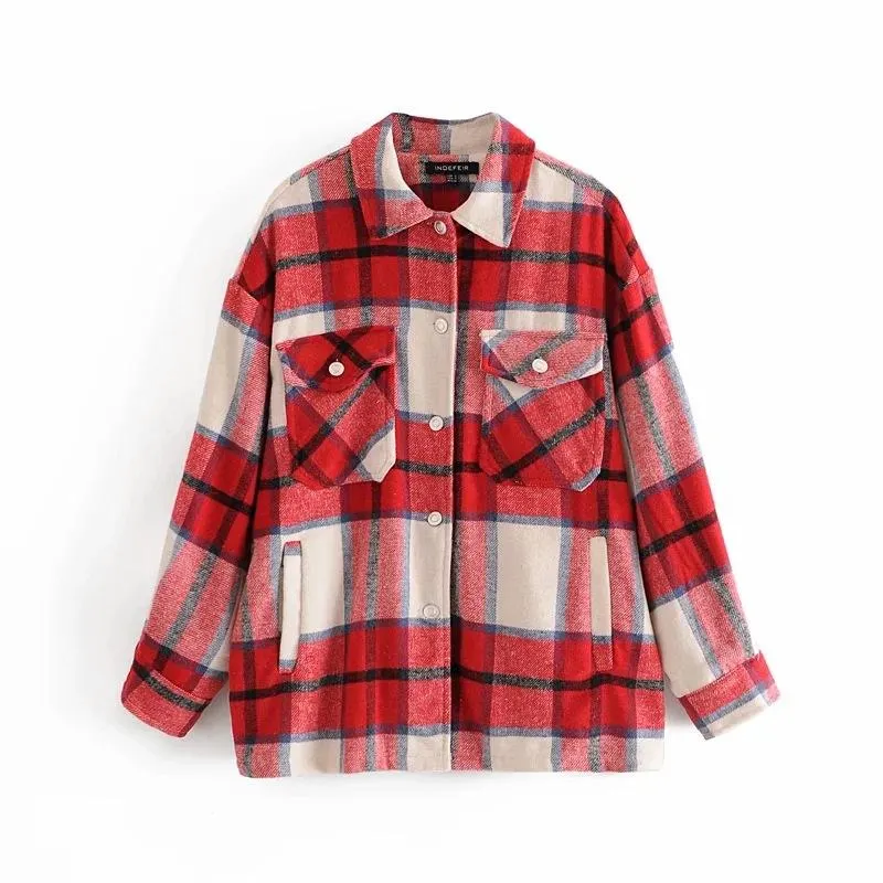 Women's chic plaid oversized jacket coat lapel collar long sleeve tops