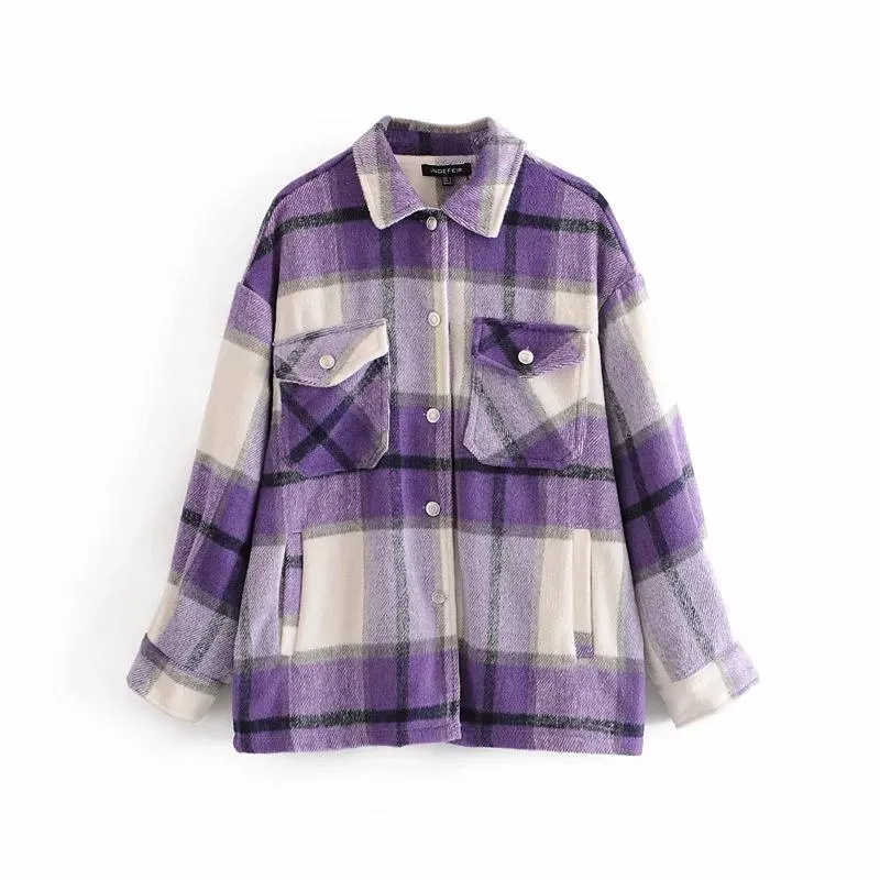 Women's chic plaid oversized jacket coat lapel collar long sleeve tops