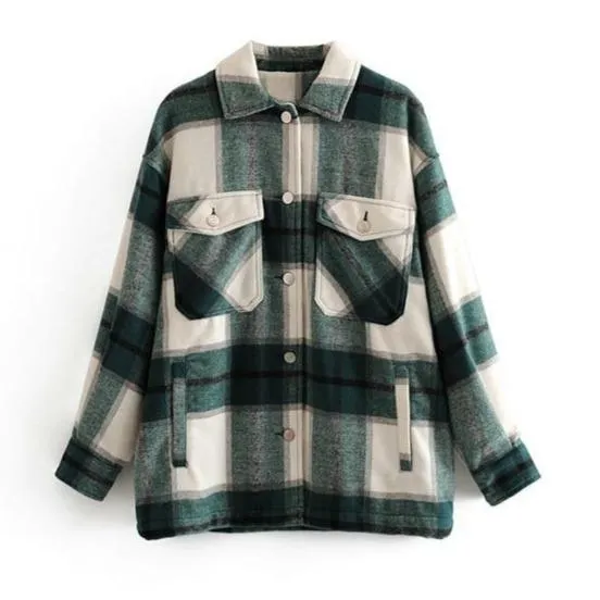 Women's chic plaid oversized jacket coat lapel collar long sleeve tops