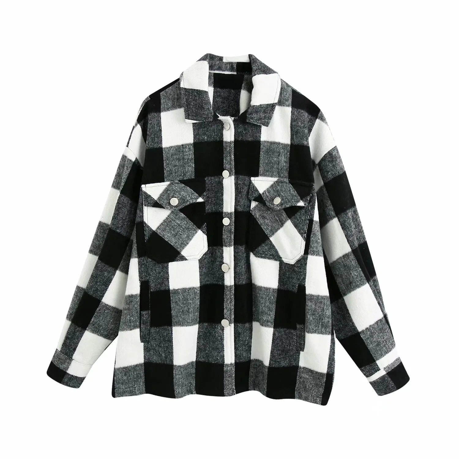 Women's chic plaid oversized jacket coat lapel collar long sleeve tops