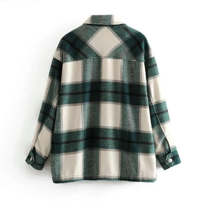 Women's chic plaid oversized jacket coat lapel collar long sleeve tops