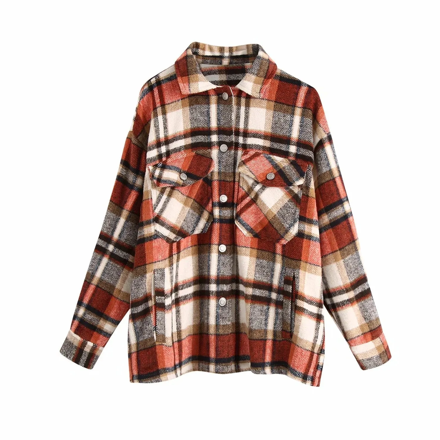 Women's chic plaid oversized jacket coat lapel collar long sleeve tops