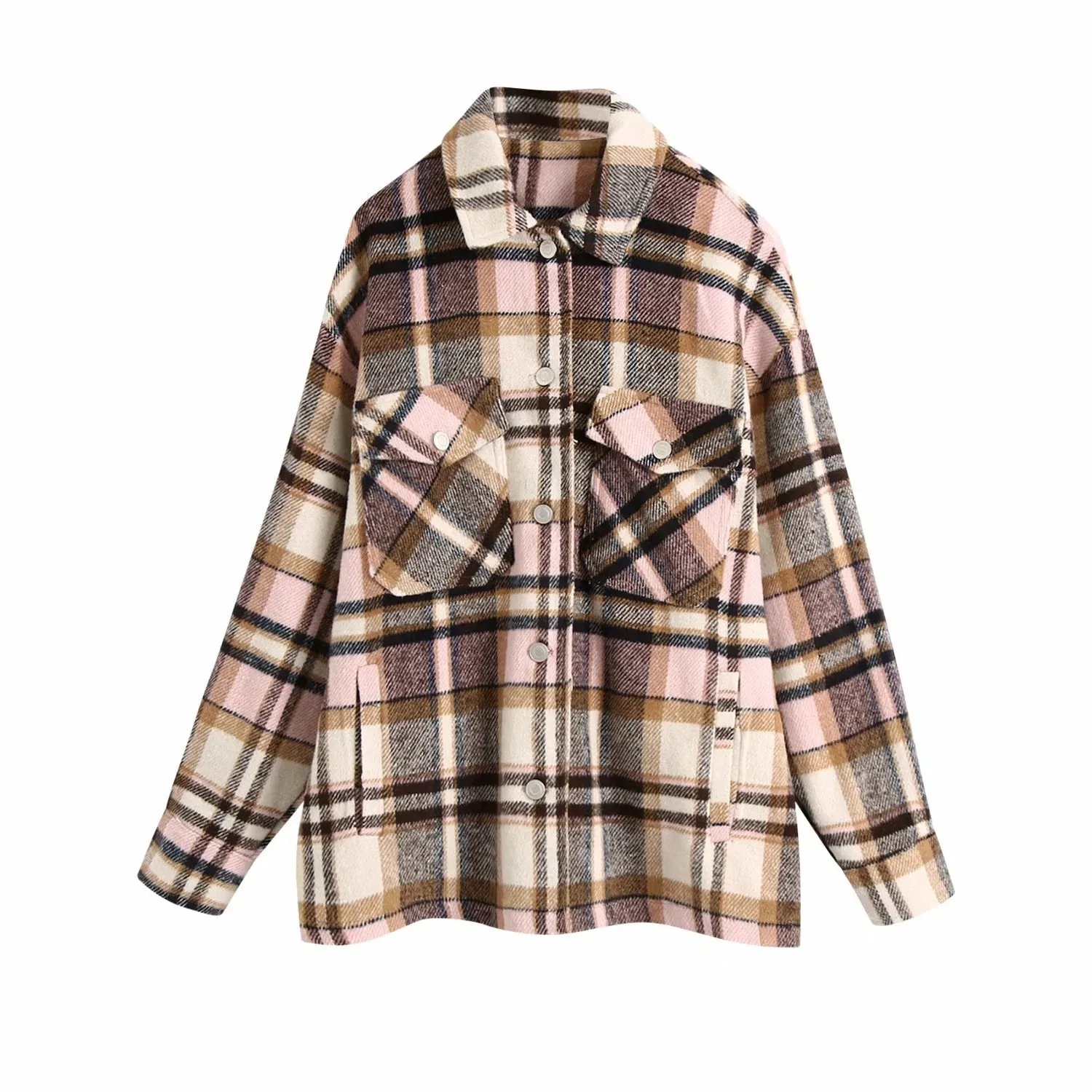 Women's chic plaid oversized jacket coat lapel collar long sleeve tops