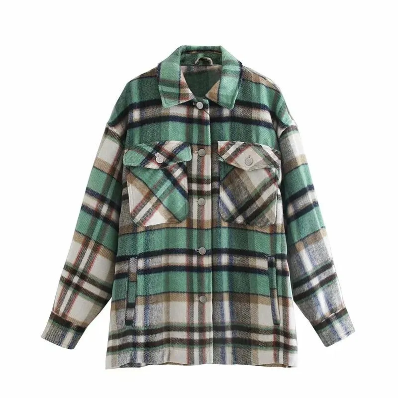 Women's chic plaid oversized jacket coat lapel collar long sleeve tops